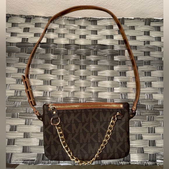 Michael Kors Brown MK Logo Bum Bag Fanny Pack Crossbody Waist Bag Chain Detail - Picture 1 of 12
